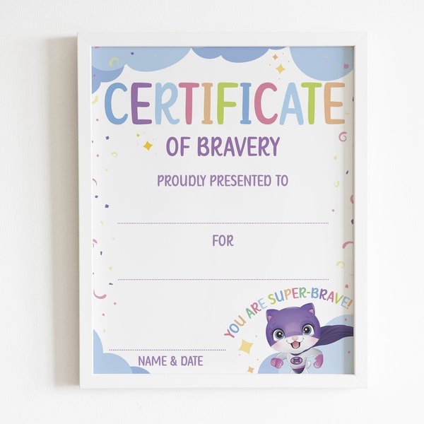 Certificate of achievement, printable diploma of bravery for kid, being brave child, courage poster, instant digital download template