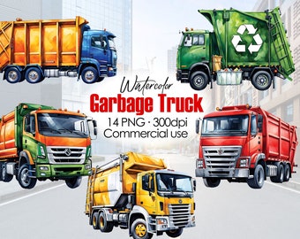 Garbage Truck PNG, Trash Truck Clipart, Recycling, Watercolor, digital download, high quality, prints for boy, sublimation design, Bin lorry