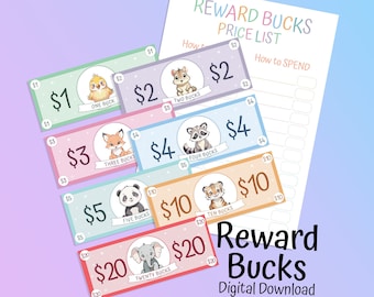 Reward bucks, play money for kids, reward chart, pretend money, cute animals, digital download, reward system, children game, printable pdf
