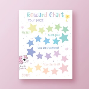 Tabla de recompensas de arco iris imprimible para niñas, 20 tareas, entrenamiento para ir al baño para niños pequeños, unicornio de colores pastel, tablero de motivación para niños, descarga digital