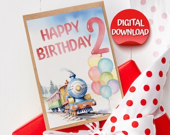 Happy birthday card, 2nd birthday for baby boy, instant digital download, colorful cute toy train, print at home, gift for toddler, 5x7