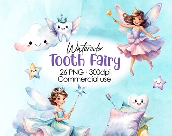 Tooth Fairy watercolor clipart, transparent background PNG files, baby teeth, stars and clouds, toothbrush, pillow, letter, wings,