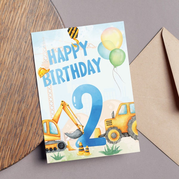 Happy birthday card, 2nd birthday for baby boy, instant digital download, yellow construction trucks, print at home, gift for toddler, 5x7