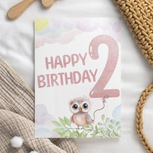 Happy Birthday Karte, 2er Geburtstag für Baby Mädchen, digitaler Download, rosa Zahlenballon mit süßer Eule, Druck zu Hause, Geschenk für Kleinkind, 15x7