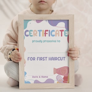 First haircut certificate, diploma template for hairdresser, printable baby milestone keepsake, boy, girl hair cut, digital download, memory