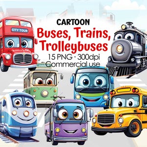 Ônibus de desenho animado, trem, trólebus clipart, trens fofos, ônibus escolar, ônibus de dois andares PNG, veículos infantis, download digital, design de transporte