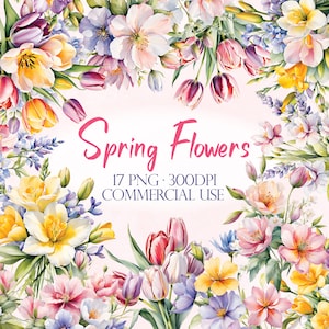 Clipart fleurs de printemps Tulipes Freesias Fleurs de pommier Aquarelle jardin floral PNG Couleurs pastel Arrière-plan transparent Utilisation commerciale