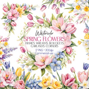 Pacote de clipart de flores de primavera, narcisos, tulipas, jacintos PNG, guirlanda floral em aquarela, moldura de flor, cores pastel, uso comercial