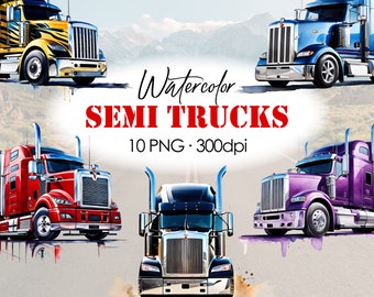 Watercolor Semi Truck PNG, digital download, high quality, 18 wheeler clipart, truck driver, prints for boys, sublimation design, big car