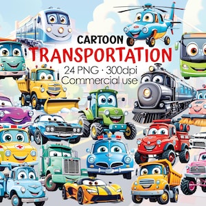 Clipart di trasporto dei cartoni animati, 24 file PNG, veicoli divertenti, camion da costruzione, auto di soccorso, treni, auto da corsa, elicottero, auto d'epoca