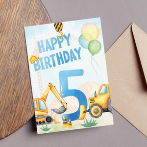 Tarjeta de feliz cumpleaños número 5 imprimible para niño, tarjetas de felicitación de 5x7 pulgadas, vehículos de construcción amarillos, regalo de recuerdo de niño de cinco años