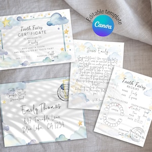 Conjunto de cartas da fada do dente com certificado para impressão, recibo, envelope, modelo editável personalizado, primeiro dente perdido, presente da fada do dente