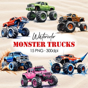 Aquarelle Monster Truck PNG, téléchargement numérique, haute qualité, voitures tout-terrain, clipart transparent, véhicule extrême, art imprimable pour garçon