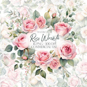 Watercolor floral wreath clipart bundle, Pink rose and eucalyptus PNG, flower bouquet, wedding invitation design, transparent background