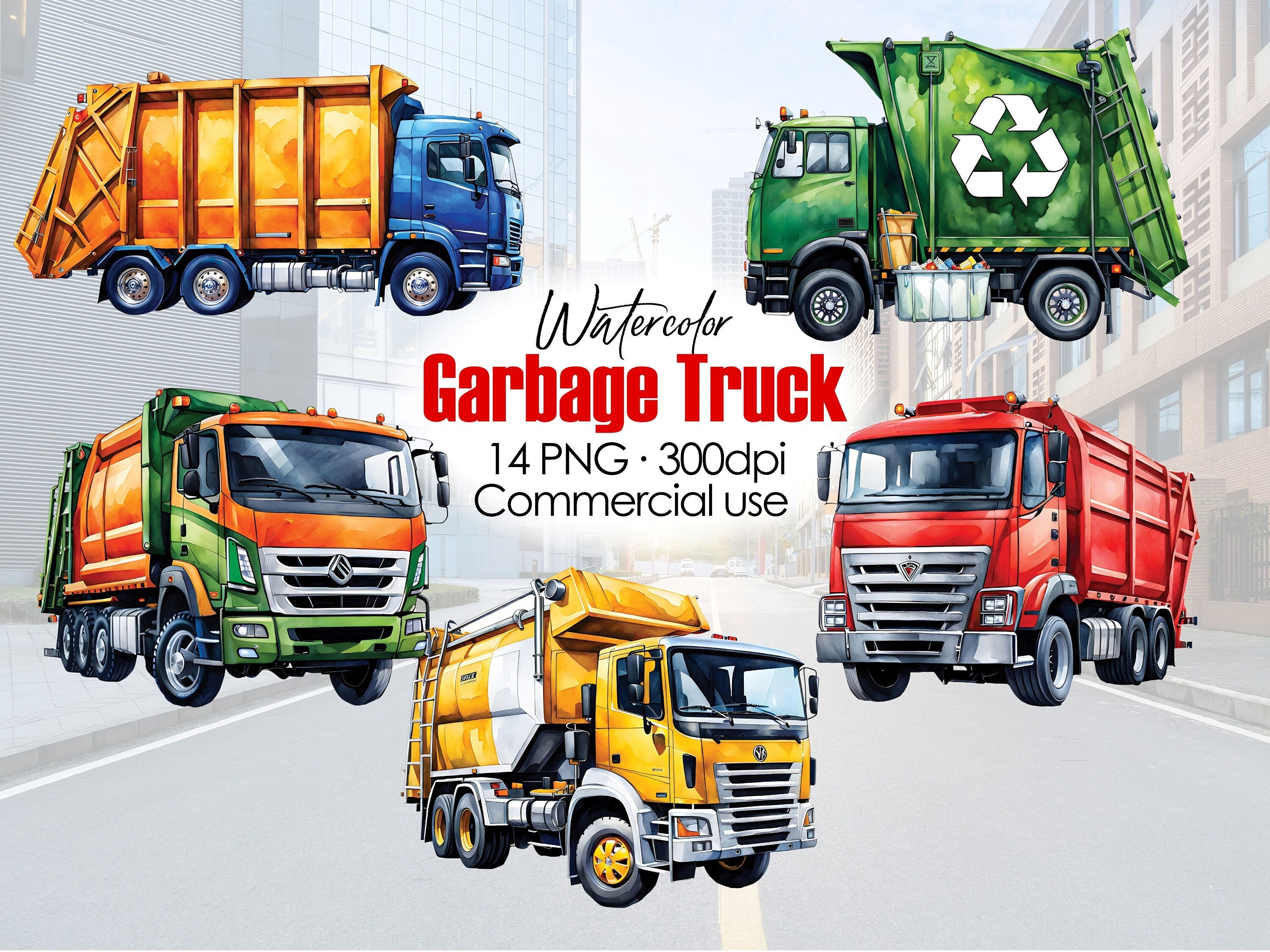 Garbage Truck PNG, Trash Truck Clipart, Recycling, Watercolor, Digital ...