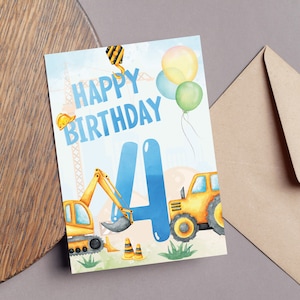 Tarjeta de cuarto cumpleaños para niño imprimible, 4to cumpleaños, mejores deseos para hijo, nieto, ahijado, mejor amigo, excavadora amarilla y topadora