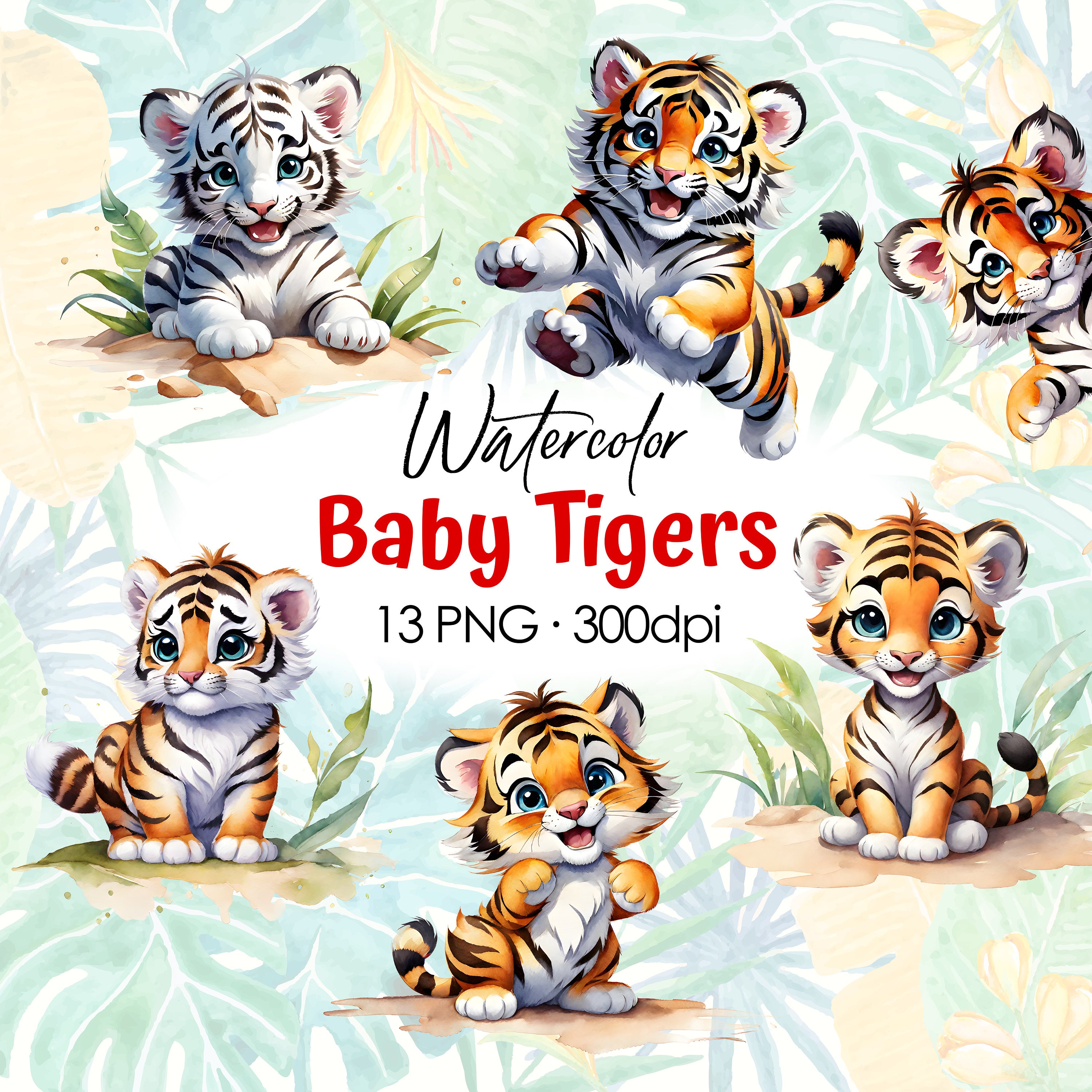 Watercolor baby tiger PNG, digital download, cute clipart, transparent background, printable kids art, nursery art,  birthday cards