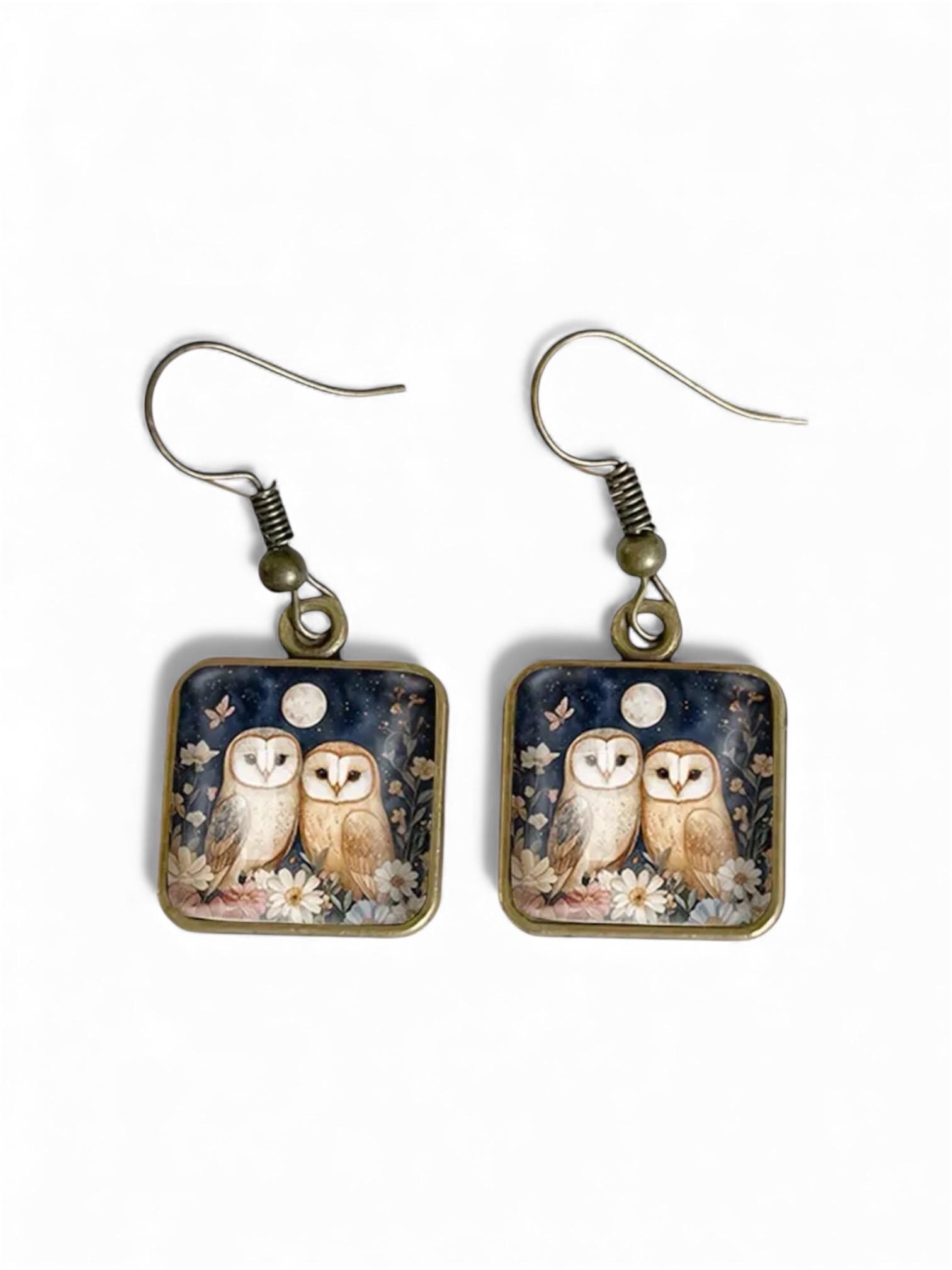 Owl Pair under the Moon Bronze Vintage Inspired Earrings
