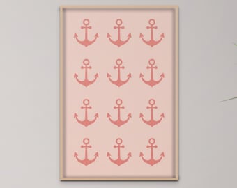 Nautical Wall Art, Pink Anchors Beachy Print, Coastal Decor for Beach or Shore House, Digital Download, Printable