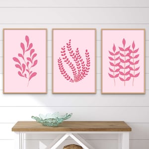 Pink Coastal Wall Art, Set of Three Seaweed Prints, Colorful Pink Decor for Beach or Shore House, Printable Digital Download