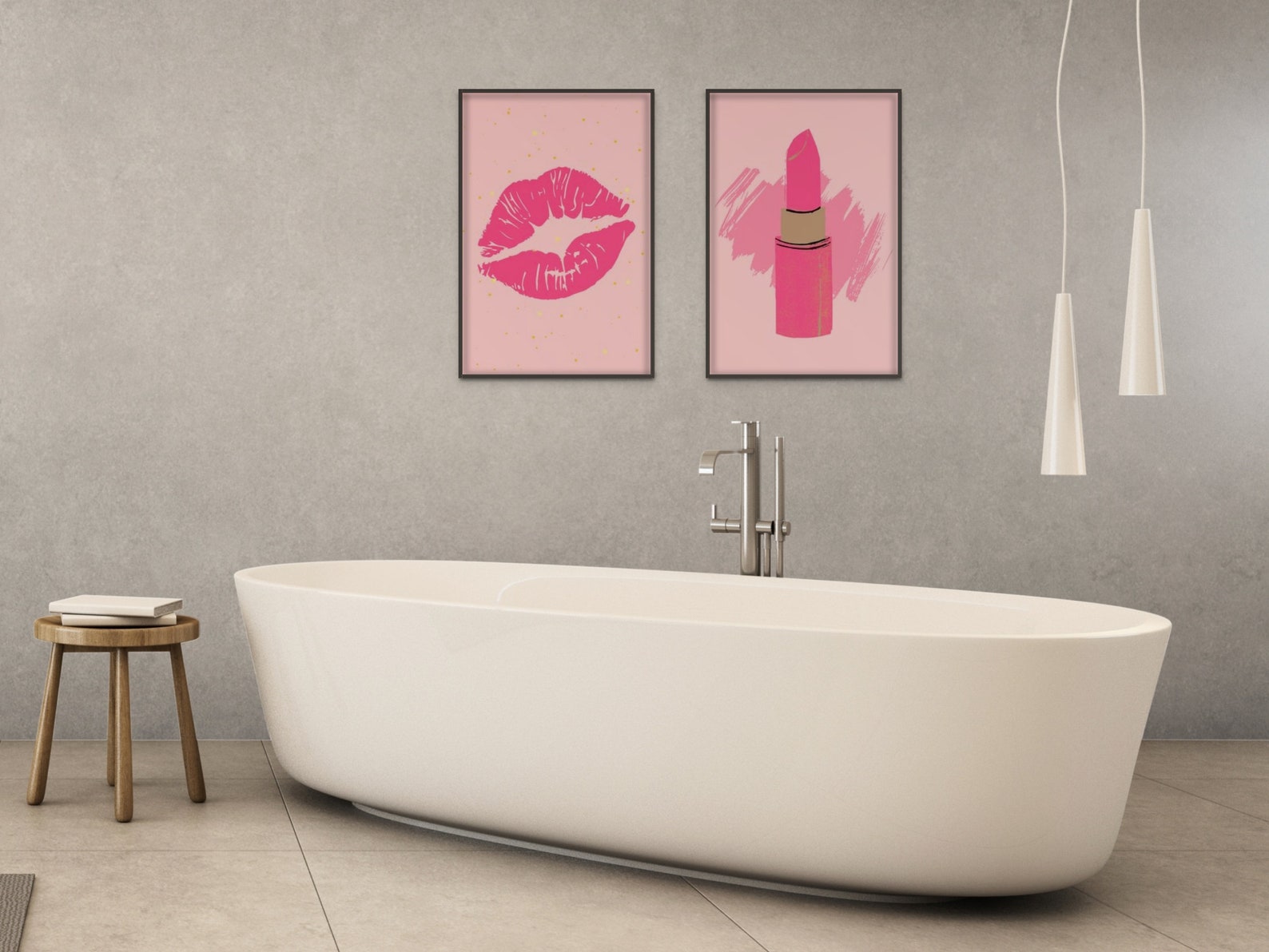 Preppy Wall Art, Set of Two, Lips and Lipstick, Pink Preppy Decor for