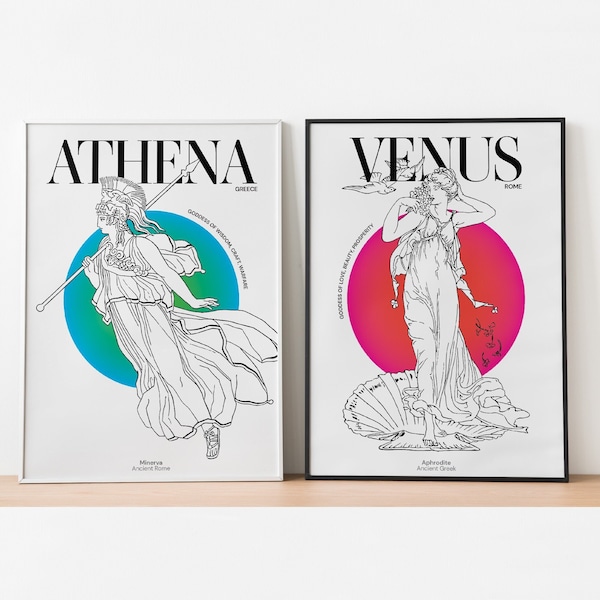 Athena und Venus | Griechische Göttin Digitaldruck, griechische Mythologie Kunst, 2er Set, Farbverlauf Poster