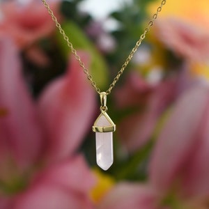 Mini Rose Quartz Necklace Self Care Gift Bridesmaid Basket Gift Minimalist Jewelry Birthday Gift for Mom Anniversary Present 14K Gold Plated