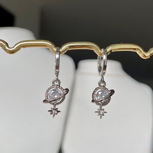 Silver Cubic Zirconia Saturn and Star Huggie Hoop Earrings, Celestial, Dangle