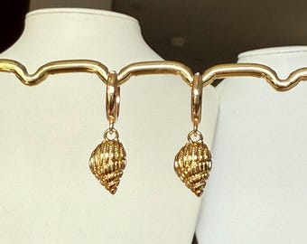 Gold Plated Conch Shell Huggie Hoop Earrings, Hypoallergenic Jewelry
