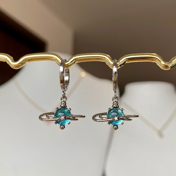 Silver blue quartz planet hoop earrings, saturn earrings, saturn hoop earrings, planet huggie hoop,planet dangle earrings, gift for her