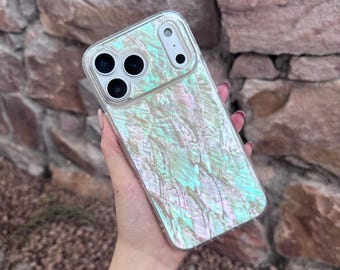 Glittery iPhone Case Made of Genuine Mother of Pearl, Shell Case for iPhone 17, 17 Pro Air & Pro Max