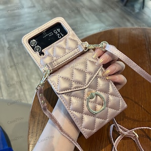 Étui portefeuille pour Samsung Galaxy Z Flip 3 et 4 avec anneau et bandoulière réglable, style accordéon multifonctionnel avec 4 emplacements pour cartes