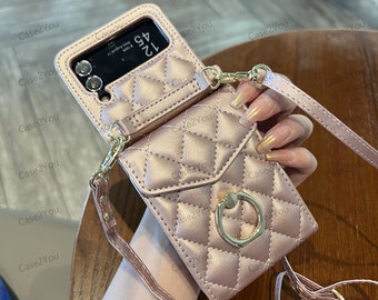 Samsung Galaxy Z Flip 3&4 Wallet Phone Case with Ring and Adjustable Crossbody Strap, Muti-funtional Accordion Style with 4 Card Slots