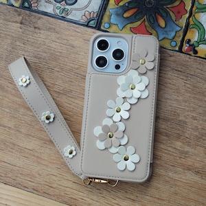 Handyhülle mit Blumenmuster für iPhone und Samsung, mit magnetischem Kartenhalter und Umhänge- & Handschlaufe,