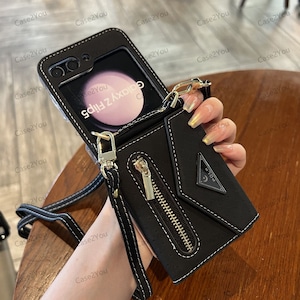 Galaxy Z Flip 5, Z Flip 6 Accordion Crossbody Reißverschluss Brieftasche Hülle mit Kartenfächern und verstellbarer Umhängekordel