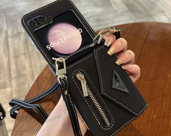 Galaxy Z Flip 5, Z Flip 6 Accordion Crossbody Zipper Wallet Case with Card Slots and Adjustable Crossbody Strap & Hand Strap