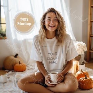 PSD T-shirt mockup Woman, POD, Bella+Canvas, Gildan, Style, Dtg, Dtf, Sublimatic, Photoshop File, long sleeves, Cottagecore, Boho, Fall