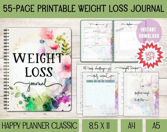 Fitnessplanningsdagboek en -tracker voor gewichtsverlies, afdrukbare grafiek voor gewichtsverlies, digitale gezondheids-wellness-workoutplannerpagina's met maaltijdtracker