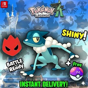 May include: A promotional image for the video game Pokémon Legends Z featuring a blue and white frog-like creature labeled "Shiny!" and "Battle Ready." The image includes the game's logo, a Poké Ball, and the text "Instant Delivery!"