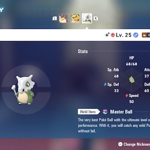 Puede incluir: Una pantalla digital que muestra un Pokémon Cubone con estadísticas, nivel 25 y el tipo Tierra. La imagen incluye una descripción del objeto Master Ball y opciones para cambiar el apodo o los movimientos.