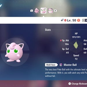 May include: A screen displays a summary for Jigglypuff, a pink Pokémon with green eyes. The screen shows stats, including HP, Attack, and Defense. The held item is a Master Ball, described as the best Poké Ball.