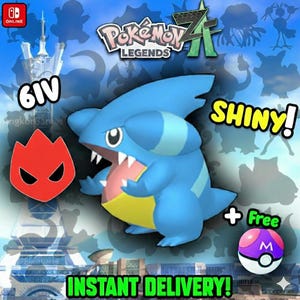 以下が含まれることがあります： サメのような外観の青い漫画のキャラクターで、「SHINY！」と「6IV」と表示されています。画像には、「Pokemon Legends」というテキスト、赤いエンブレム、文字「M」の紫と白のボールも含まれています。「Instant Delivery！」という言葉も表示されています。