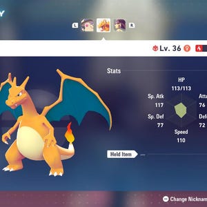 May include: A digital display showing a Charizard character from a video game. The orange and blue creature is labeled as Level 36, with stats including HP, Attack, Defense, and Speed. The game's summary screen is visible.