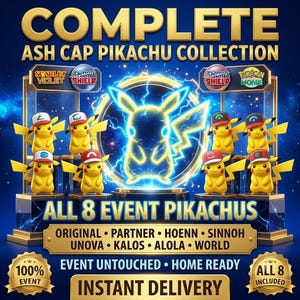 8 Ash Cap Pikachu Set for Pokemon 30th Anniversary Event Untouched Home Transfer Pokedex Completion