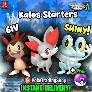 May include: An image promoting Pokemon Legends: Arceus featuring three starter Pokemon: Chespin, Fennekin, and Froakie. The image includes text that says "Kalos Starters", "Shiny!", and "Instant Delivery!" A Poke Ball is also shown.