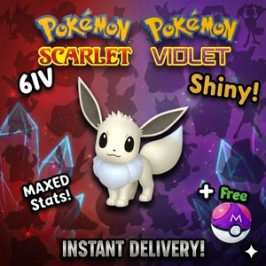May include: A white Shiny Eevee character from Pokémon Scarlet and Violet, featuring 6IV maxed stats and a Master Ball. The background displays a red and purple gradient with silhouettes of various creatures and the text Instant Delivery.