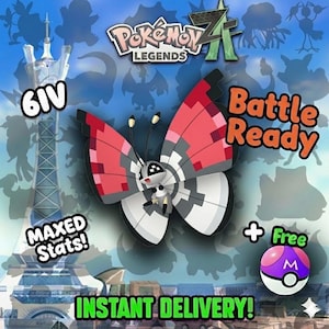 May include: A digital graphic featuring a stylized butterfly with red, black, and white wings, and the text "Pokémon Legends". The image includes the phrases "Battle Ready", "Maxed Stats!", and "Instant Delivery!" with a free purple and white ball.
