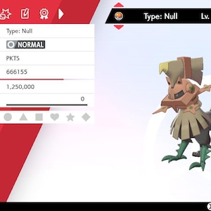 Może przedstawiać: Cyfrowy obraz Pokemona typu Normal, Type: Null, na poziomie 100. Stworzenie ma brązową, beżową i zieloną kolorystykę. Obraz wyświetla również nazwę, trenera i punkty doświadczenia Pokemona.