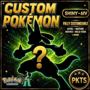 Könnte beinhalten: Eine digitale Grafik mit dem Text CUSTOM POKEMON und SHINY 6IV. Eine schwarze Silhouette eines Lucario ist zentriert mit einem goldenen Fragezeichen auf der Brust. Der Hintergrund ist ein leuchtend grünes Sternenfeld mit dem Pokemon Legends Z-A Logo.