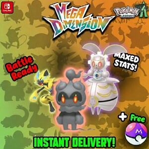 May include: A promotional image for a video game featuring three animated characters. The text includes "Mega Dimension", "Pokemon Legends", "Battle Ready", "Maxed Stats!", and "Instant Delivery!". A purple and white Poke Ball is also shown.